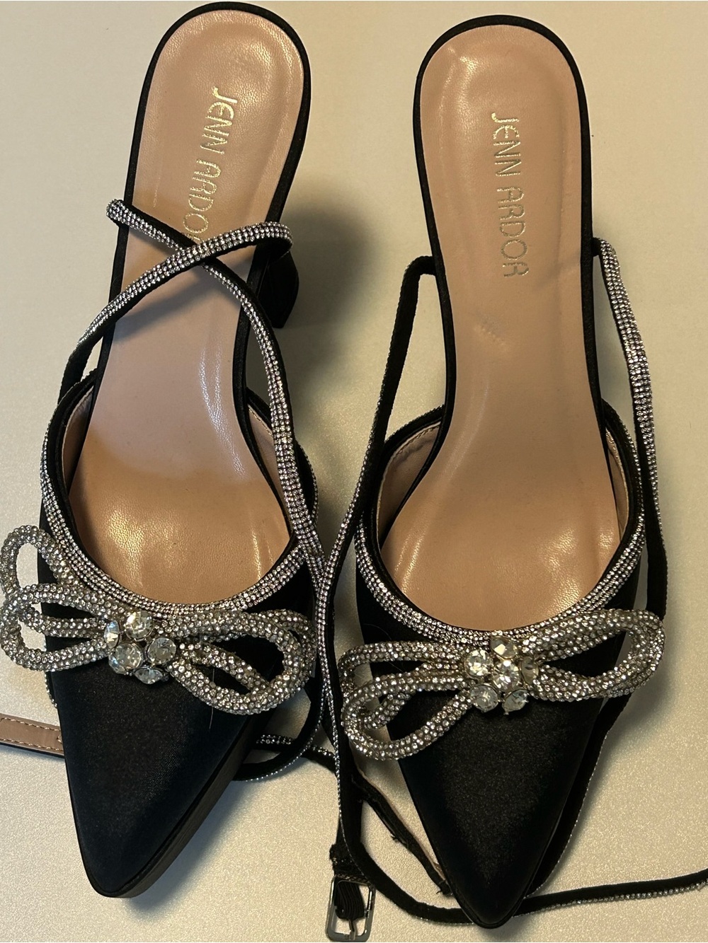 Jenn Ardor Platform Black Satin Pointed Toe Slingback Heels with Crystal Bow